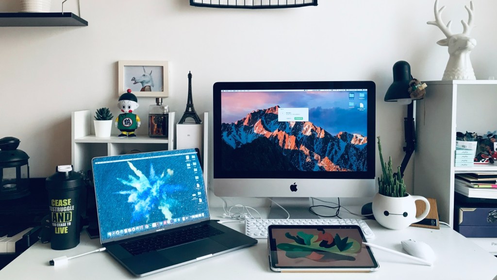 A desk with a laptop, monitor, plants and stationary that's been organised during a spring clean.