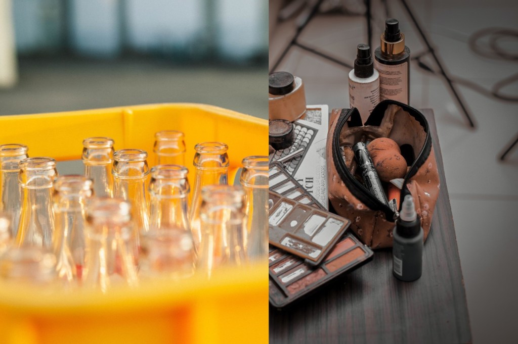 Recycling costs differ between empty glass bottles on the left hand side of the image vs empty beauty products on the right side.