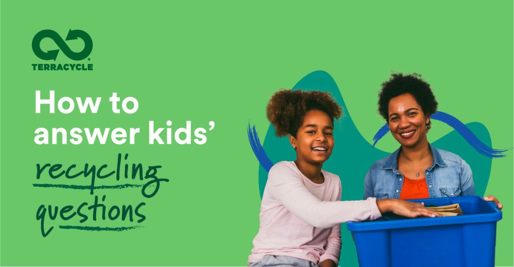 Parent and child holding a tub of recycling beside the text 'How to answer kids' recycling questions'