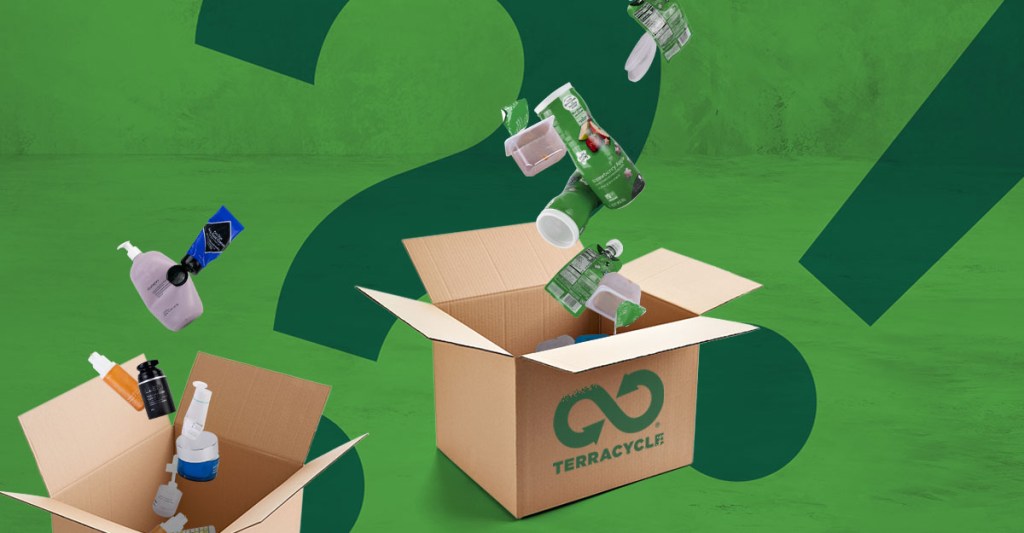 Cardboard box with TerraCycle logo on it and rubbish falling in. On a green background with a question mark.