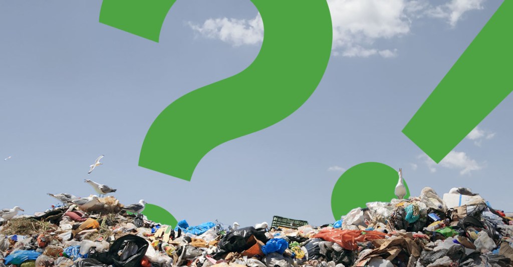 Image of rubbish in landfill with birds flying around. Graphic of question mark in the sky.