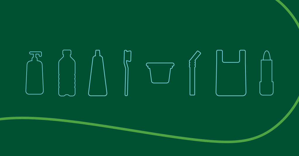 Graphic image of a range of plastic products like toothbrushes, plastic bags and coffee pods on a green background.