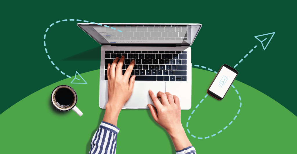 Graphic of hands at a laptop writing an email to a brand or policymaker about backing sustainable initiatives.