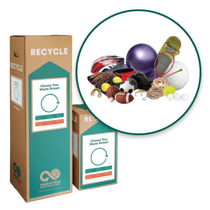 Medium and small TerraCycle Zero Waste Boxes side-by-side with a graphic of sports equipment laid over the top of them.