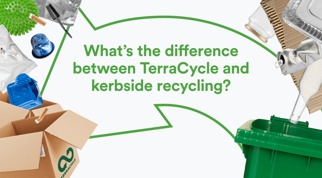Rubbish that can go into a kerbside recycling bin on the right, and more than is only accepted by TerraCycle on the left, with text in the middle reading "What's the difference between TerraCycle and kerbside recycling?"